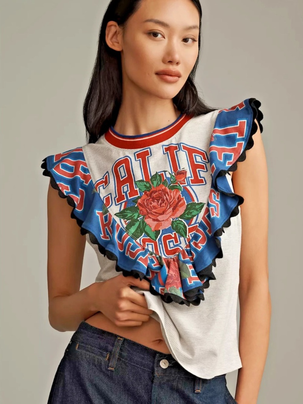 Anthropologie MAEVE Reworked Sporty Tee shirt Top striped ruffle ric rac Xs